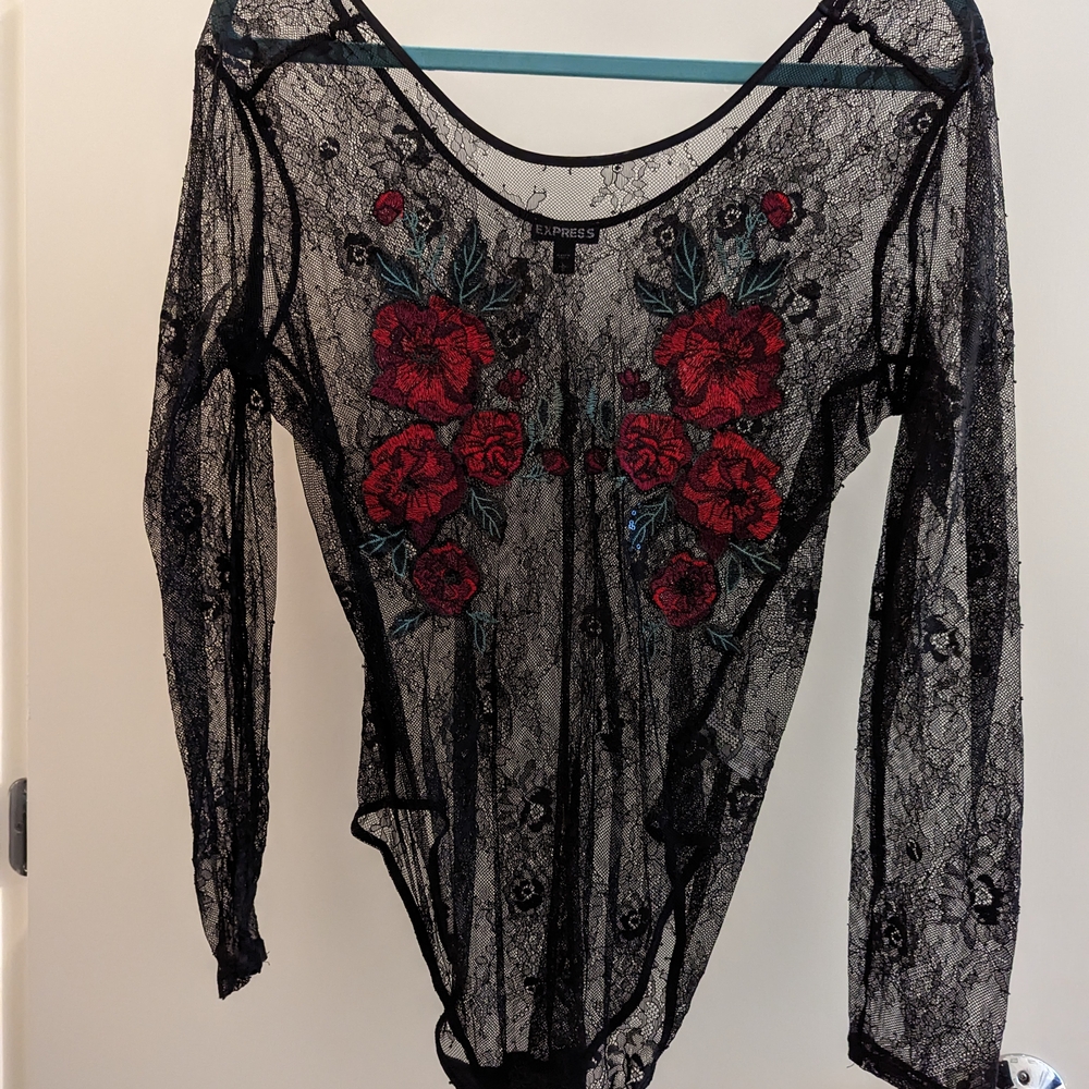 Express Black Lace Bodysuit with Red Floral Embroidery
